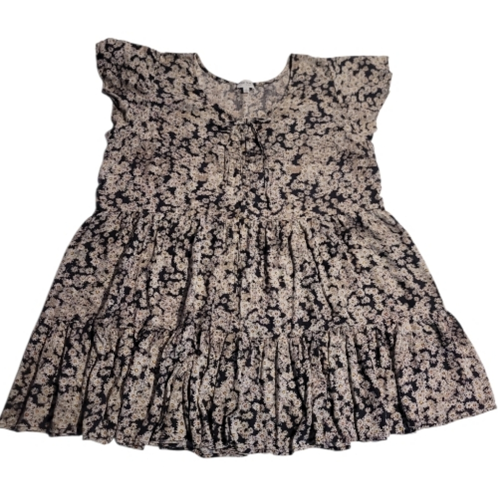 Dress babydoll tiers flutter sleeve buttons front tie daisy floral bohemian